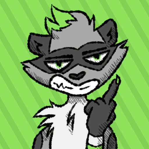 A close up of a gray and black raccoon with green accents holding up a middle finger