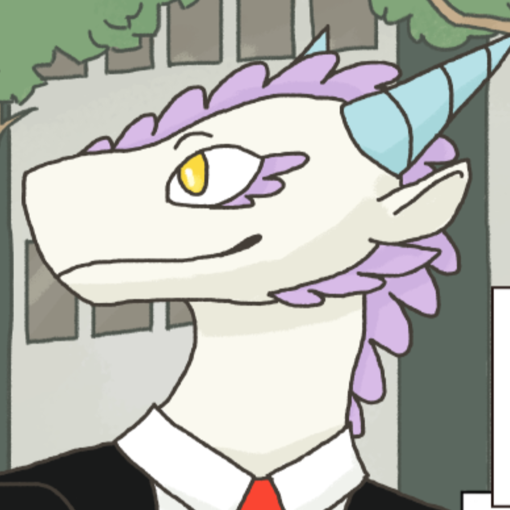 A close-up of a white dragon with blue horns and purple frills. A business suit can be seen on his shoulders