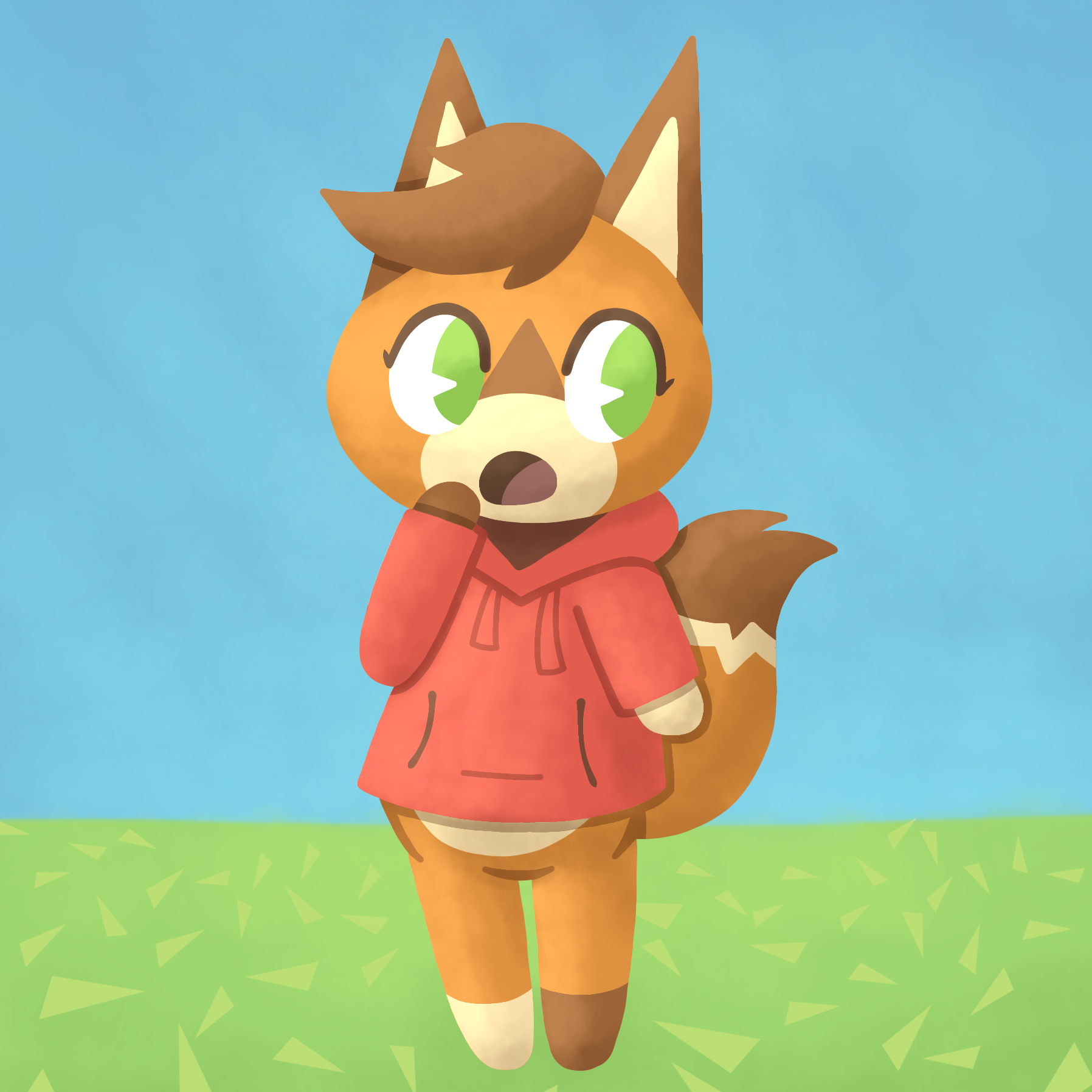 An orange, brown, and tan cat in a red hoodie, drawn in the Animal Crossing style