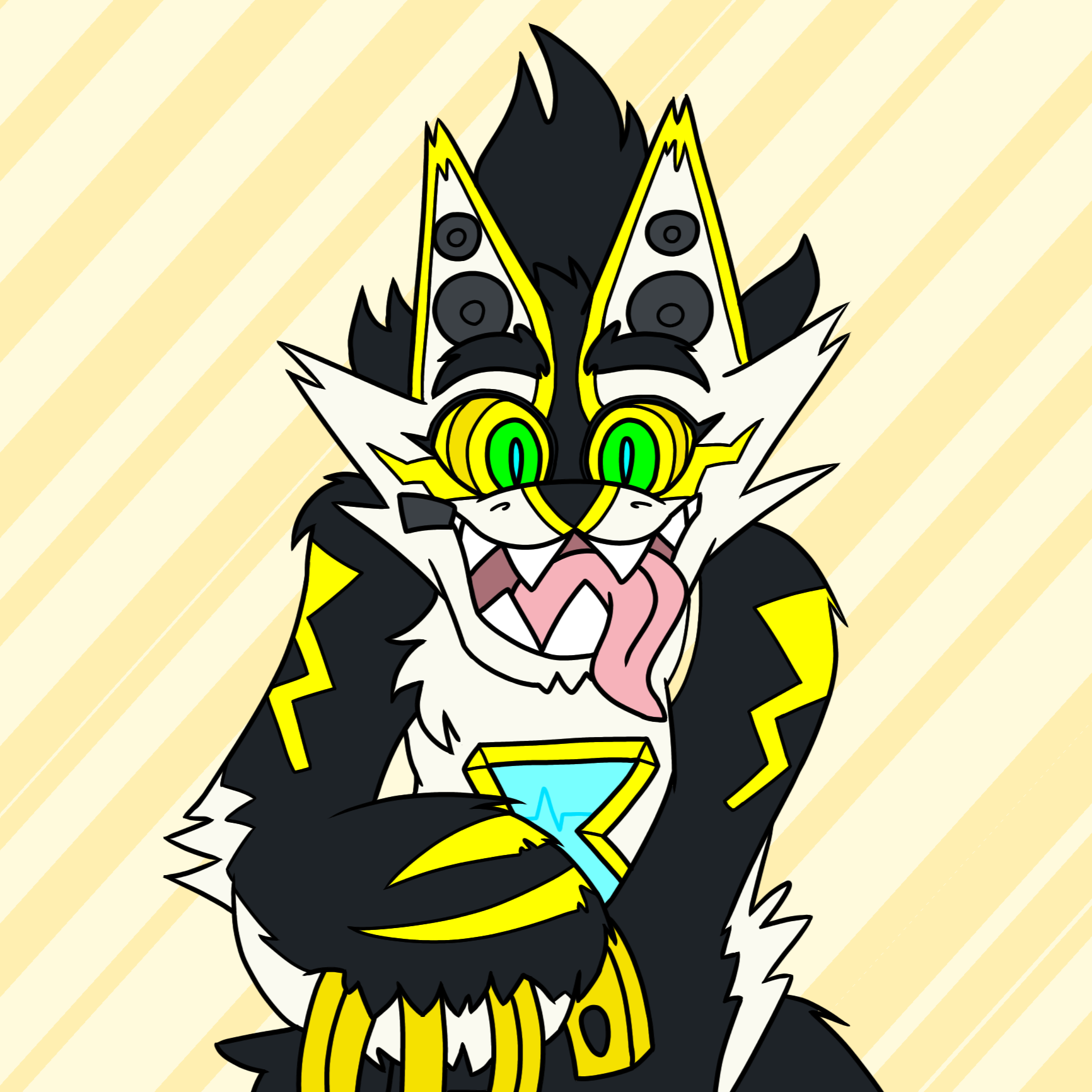 A close up of an ampwave, a partially mechanical creature with sharp teeth, that's black and white with yellow accents