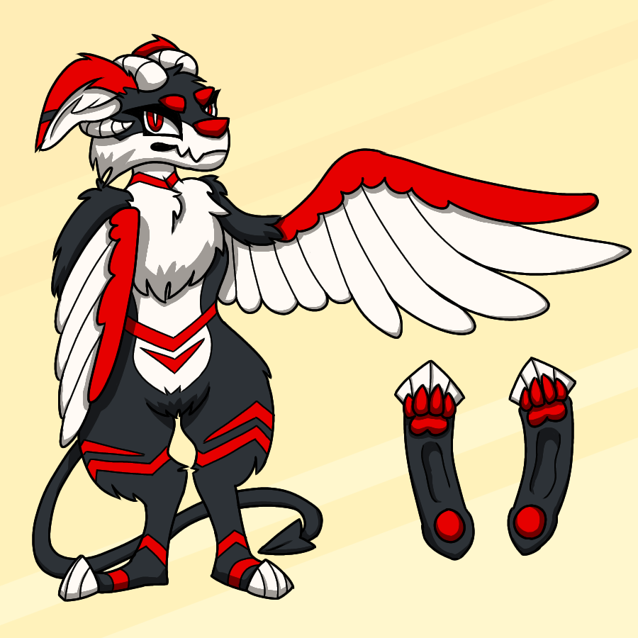 A red, black, and white creature that's part demon, part angel, and part dragon. She has feathered wings in place of arms